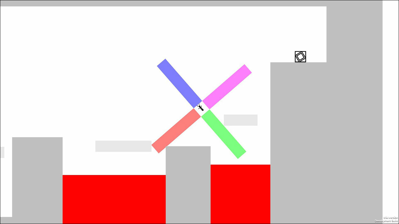 四角いプレイヤーキャラクターから4本の棒を伸ばして動く。シンプルながら簡単にはいかないパズルアクションだ