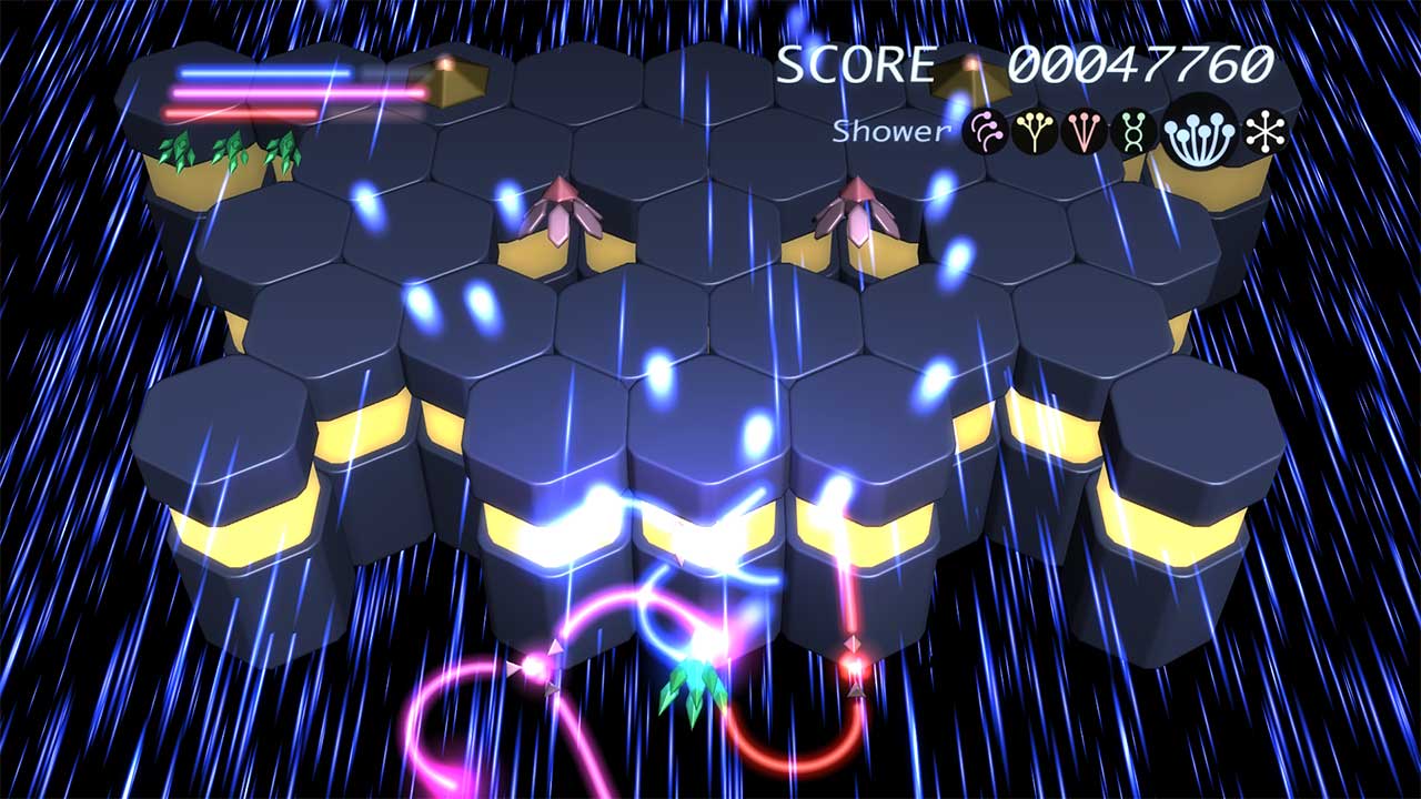 弾幕をオプションで防ぎながら、攻撃を切り替えて敵を倒す。攻防一体のプレイが求められる