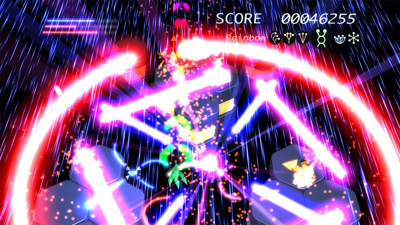 弾幕をオプションで防ぎながら、攻撃を切り替えて敵を倒す。攻防一体のプレイが求められる