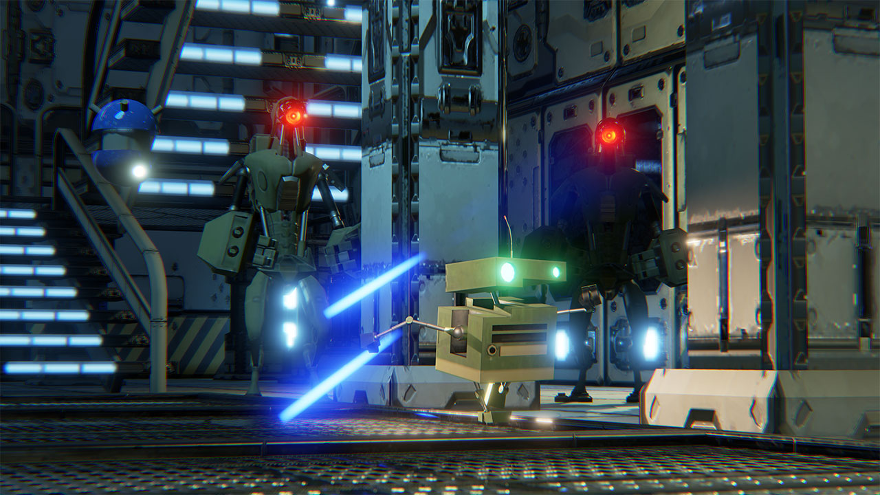 見つかったら追い掛け回されてビームで撃たれる。ひたすら逃げるしかない