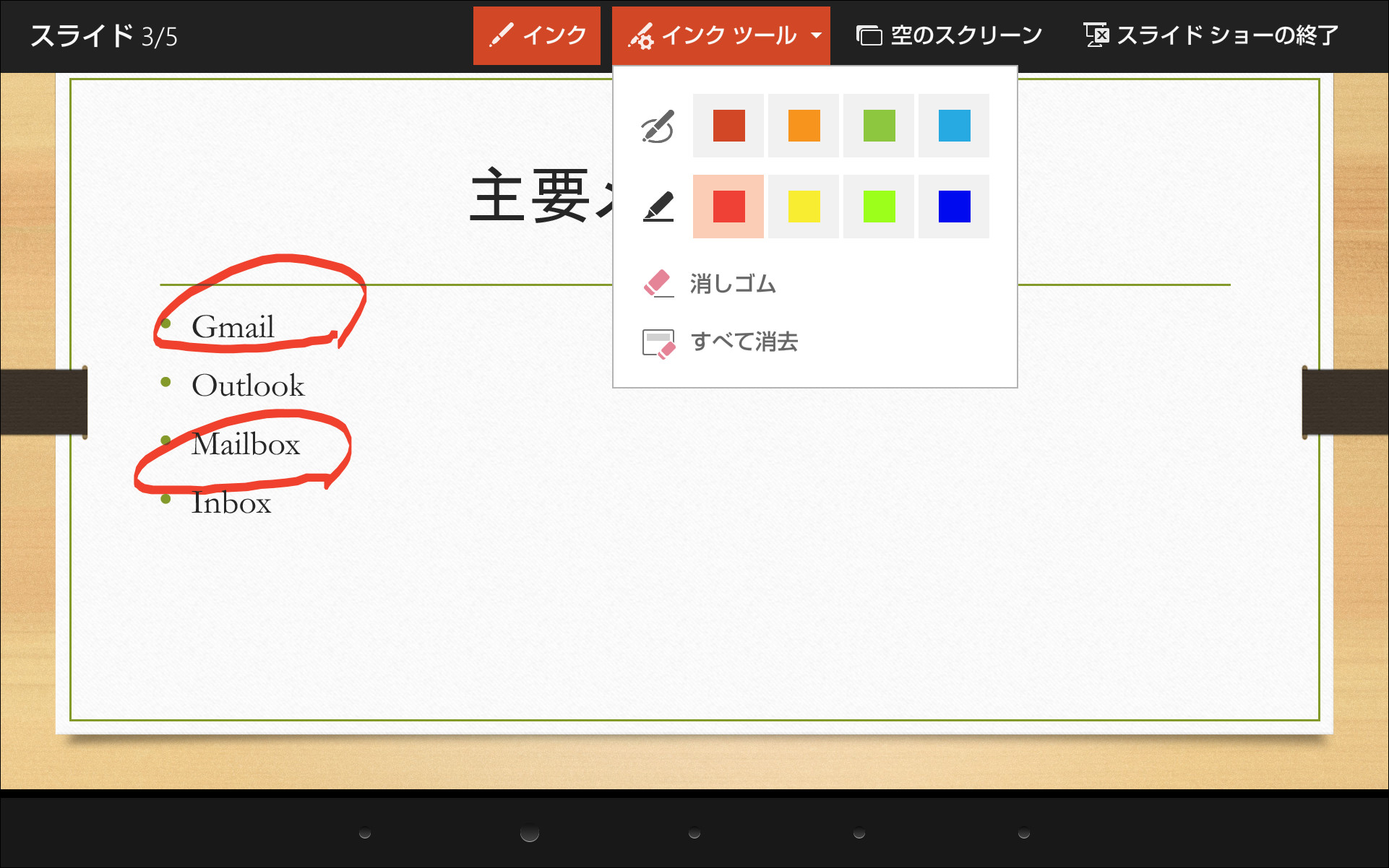 スライドショー画面上部のメニューの［インク］ボタンから手書きでメモなどを書き込める