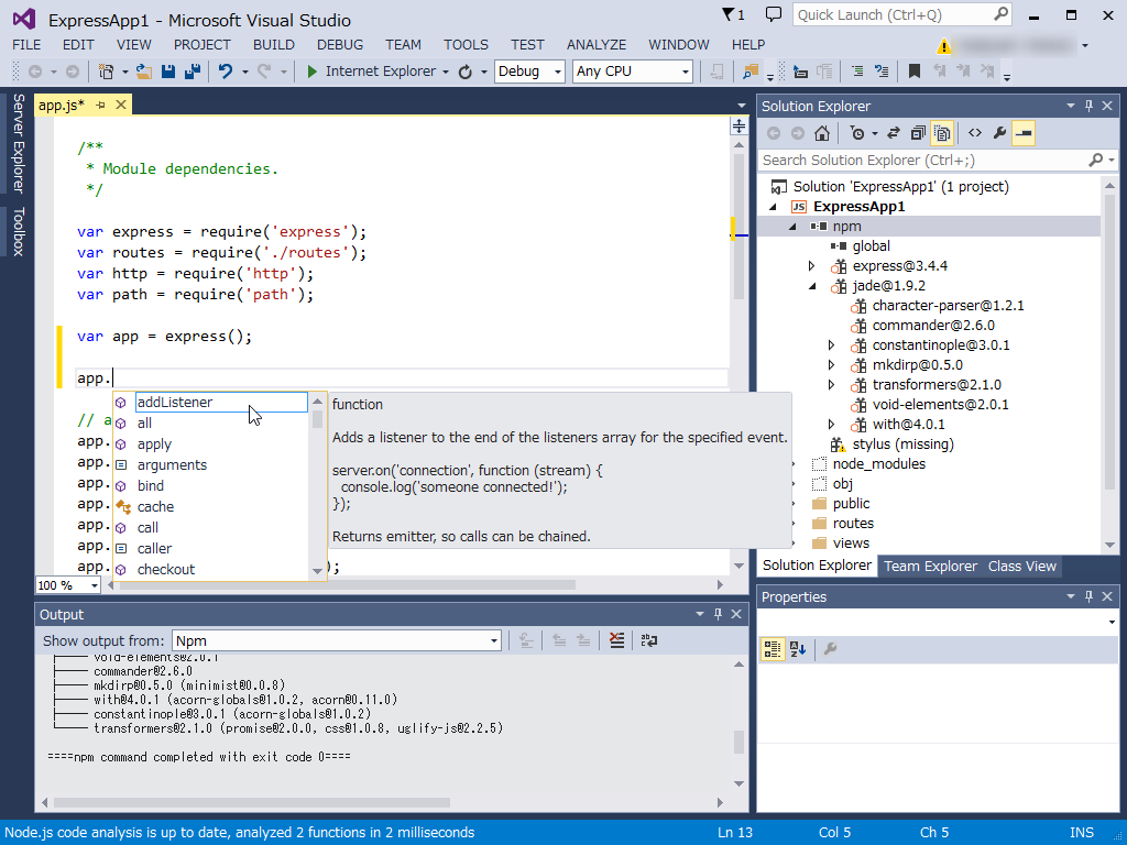 「Visual Studio 2013 Community」にインストールした「NTVS」