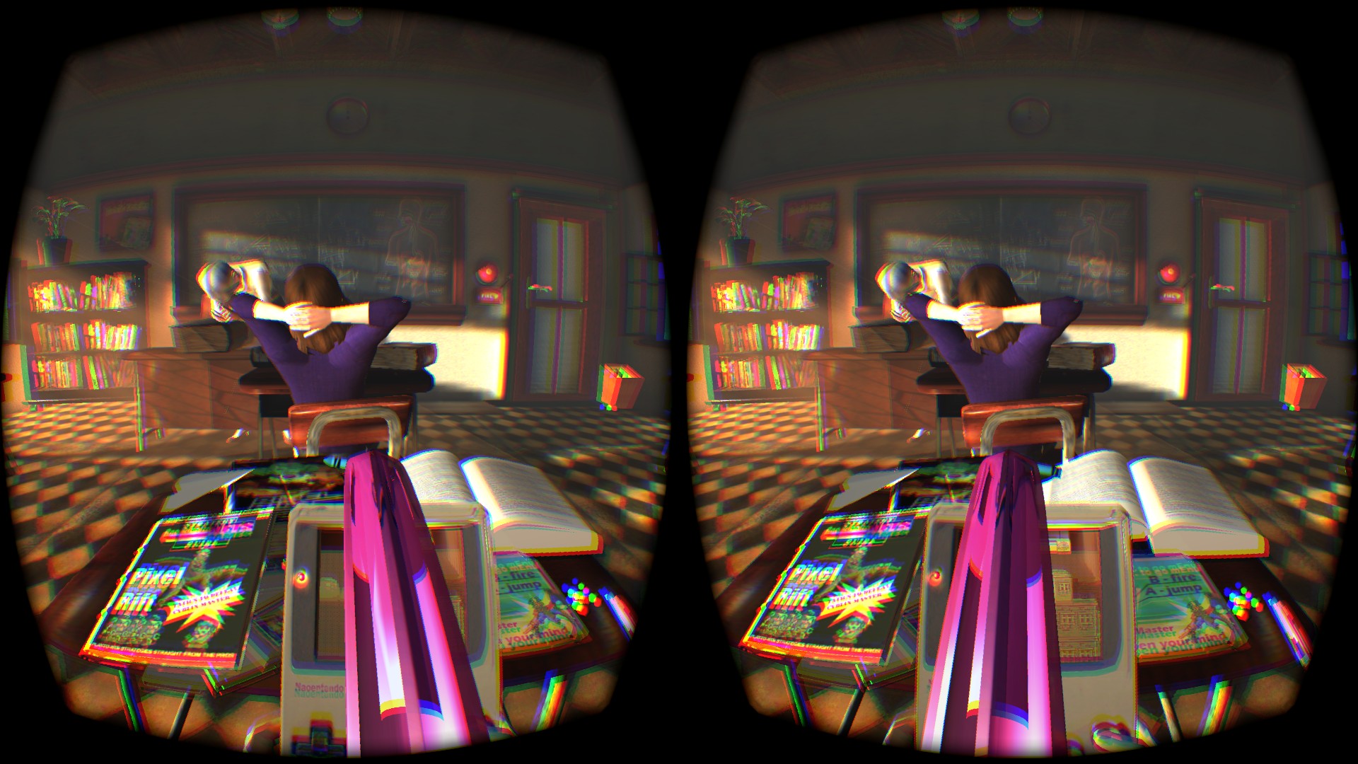 手元にある消しゴムを前の生徒に飛ばすことも可能。頭をペンに向けていると発射できるようになる。おふざけ要素も満点だ