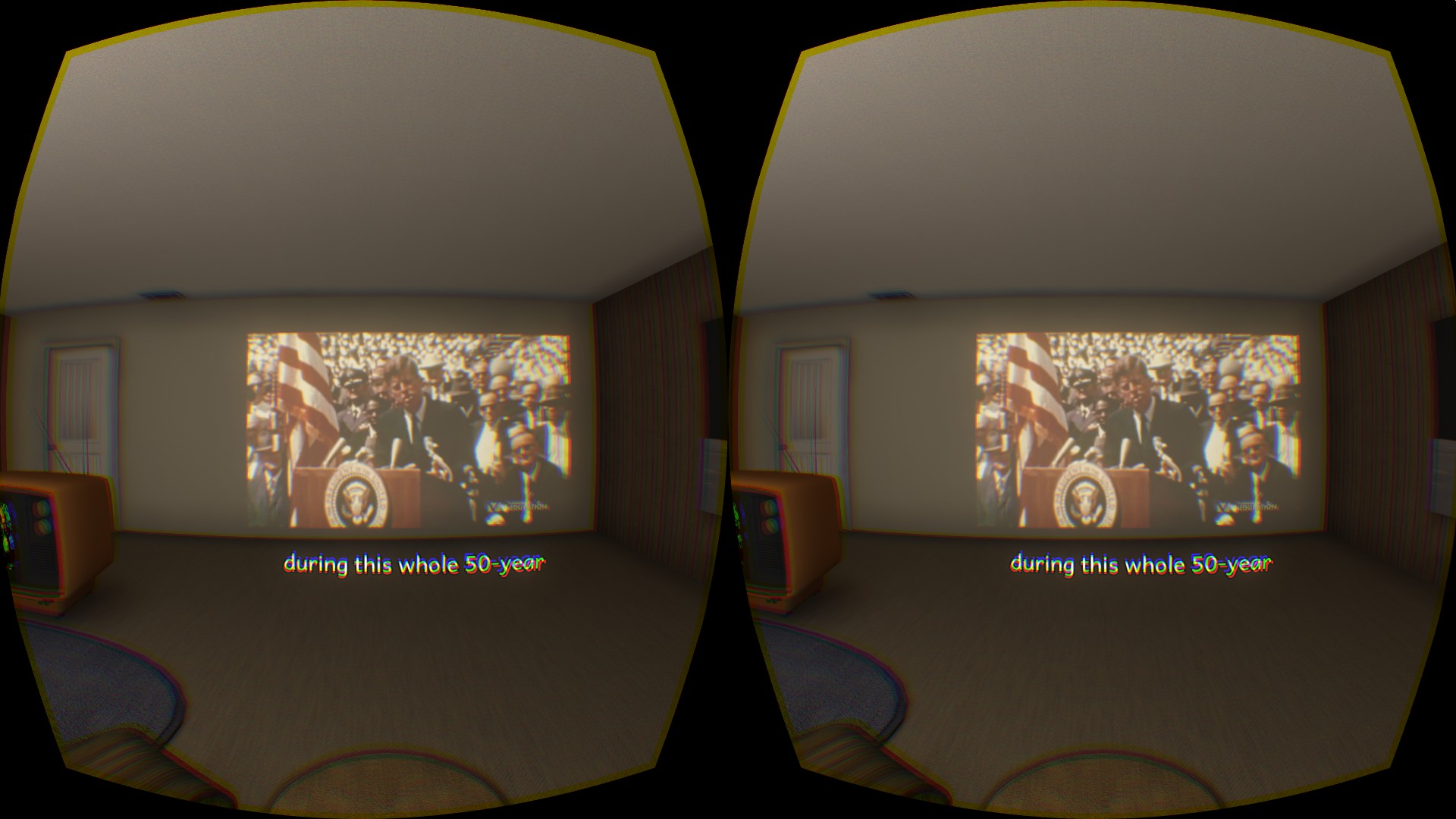 目の前の大画面で演説を行うケネディ大統領