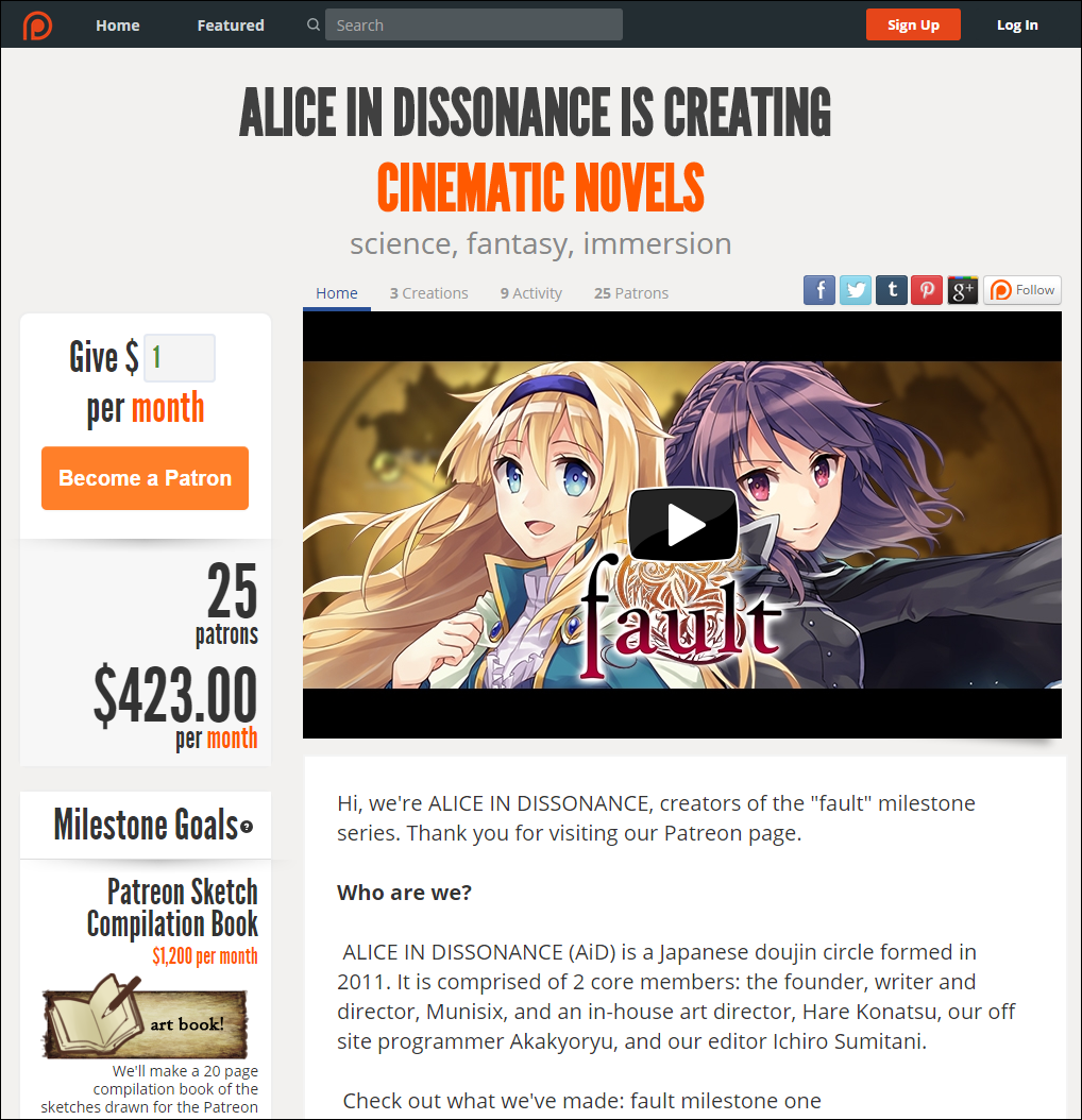 ALICE IN DISSONANCEの“Patreon”ページ