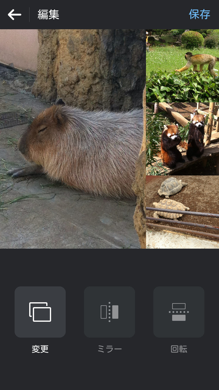 各写真をピンチアウト・インで拡大・縮小したり、ドラッグ＆ドロップで入れ替えられる