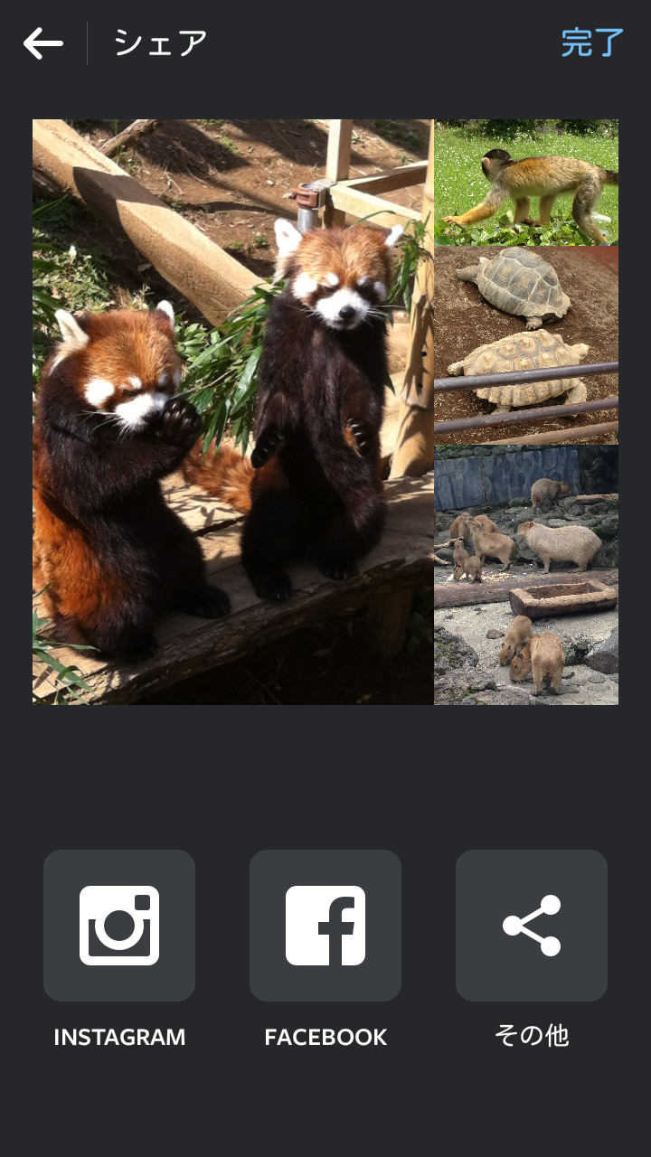 「Instagram」などのアプリを起動して、コラージュ画像をシェアできる