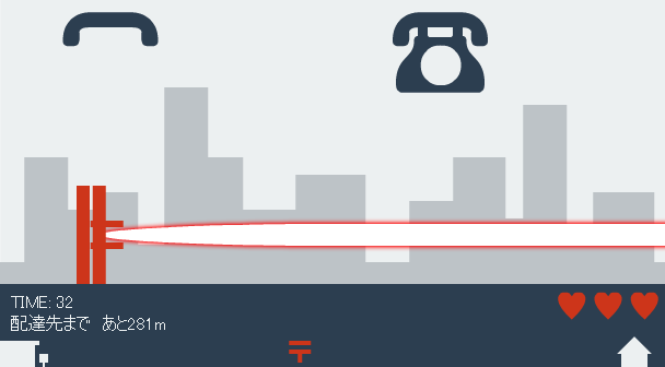 郵便マークの形状をうまく活用したアクションゲーム。4つの操作をしっかり頭に入れて、瞬時に対応する必要がある