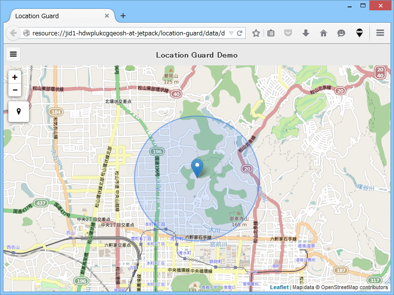 “Medium”レベルを指定。かなり離れたところが現在位置として表示された。位置情報の精度を表す円も大きくなっている。初期値はこのレベルとなっている