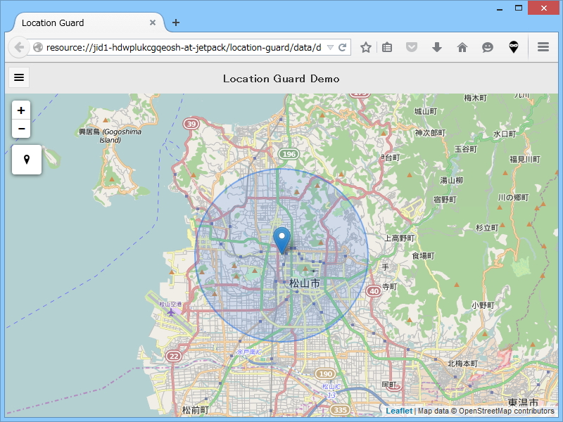 “High”レベルを指定すると、位置情報の精度を表す円が市街地全域に広がった。天気サービスで使うならばこれでも十分だろう