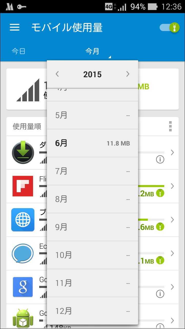 ［今月］ボタンのメニューから過去の月間履歴も参照できる