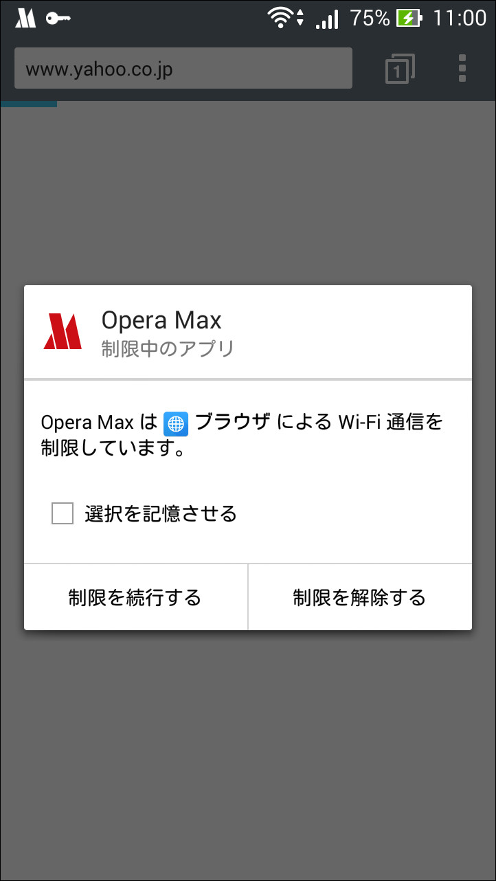 通信制限を設定したアプリを指定の条件下で起動すると、ポップアップが表示される