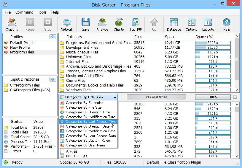 ドライブの解析処理が完了。プルダウンメニューで分類方法を指定すれば、さまざまな方法でファイルを分類しながらドライブの利用状況を分析できる