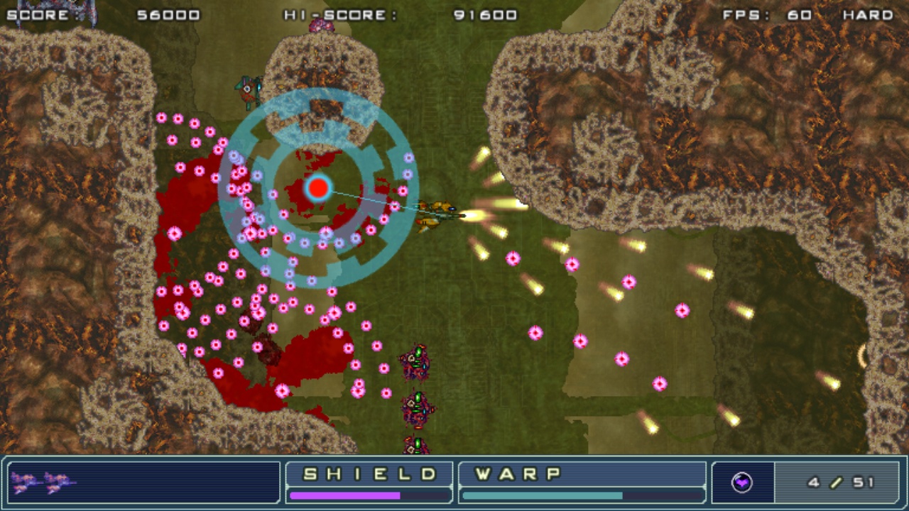 ものすごい弾幕や敵の群れも、ワープを使って簡単に突破。敵を手玉に取っているような気持ちになる