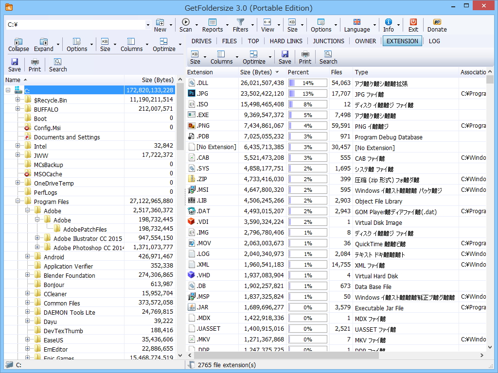 ファイルの拡張子別にファイルサイズを集計するレポート