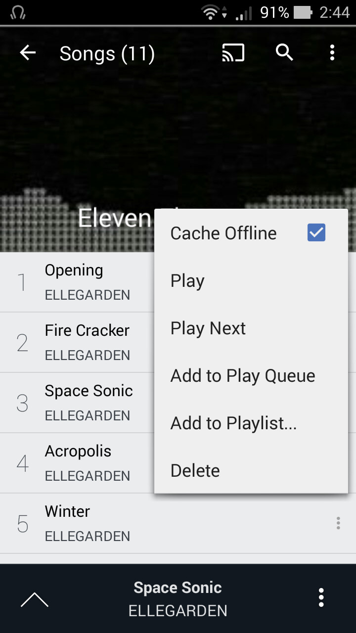 ［Cache Offline］チェックボックスをONにすると、楽曲をダウンロードしてオフラインでも再生できる