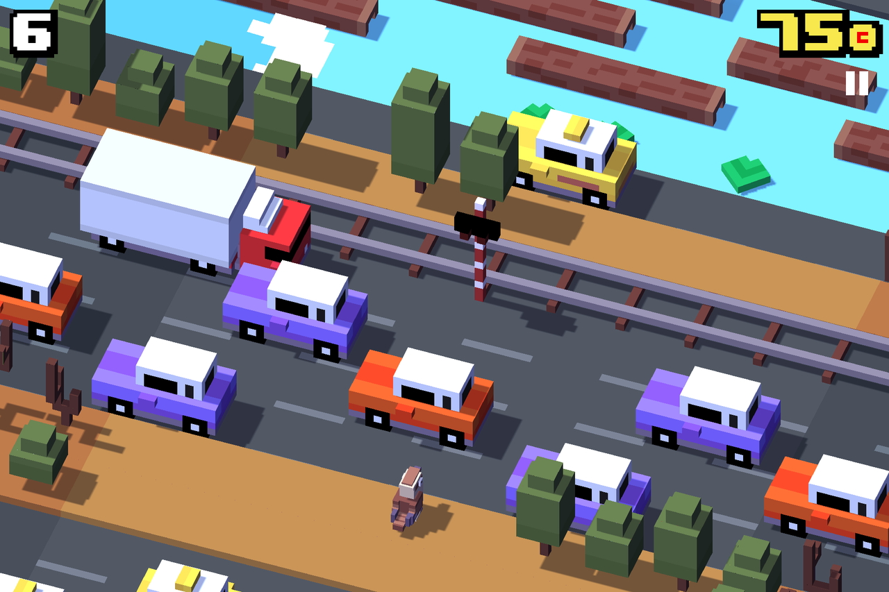 クルマやバスがひっきりなしに行き交う危険な道路を、タップ操作でひたすらタイミングよく渡っていく