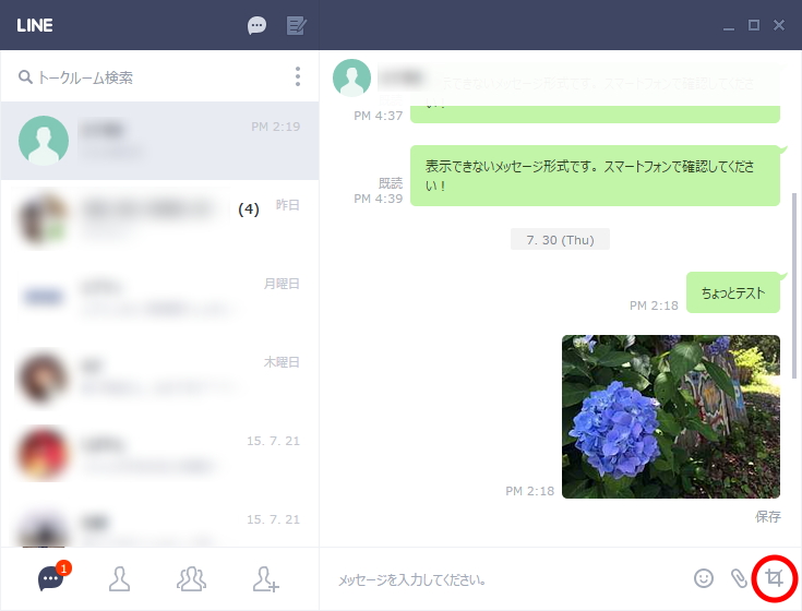 グループチャットや画像の送信も可能。スクリーンショット機能は画面右下のボタンから利用できる