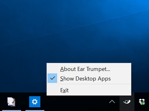 「EarTrumpet」のタスクトレイアイコンの右クリックメニュー