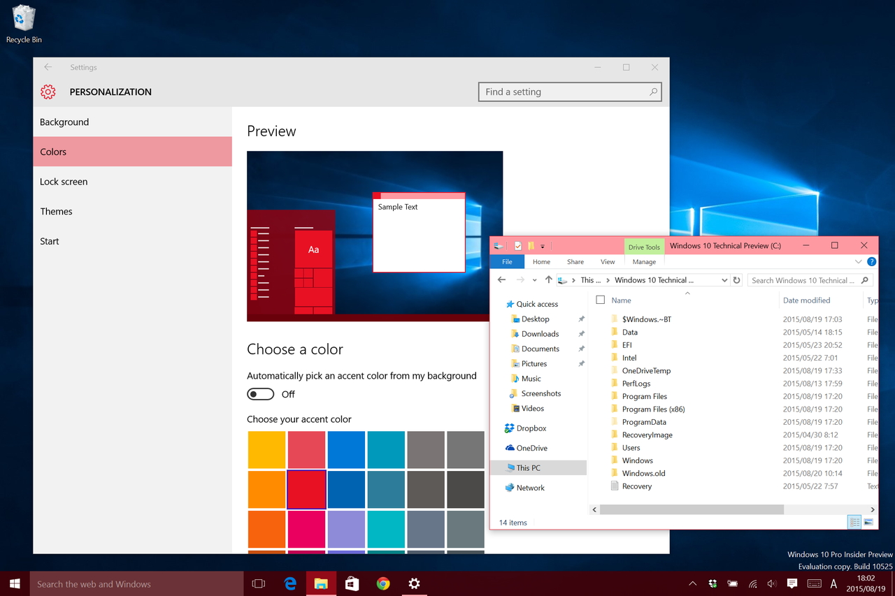 Build 10525の配色変更。アクティブウィンドウのタイトルバーの色まで変わるように