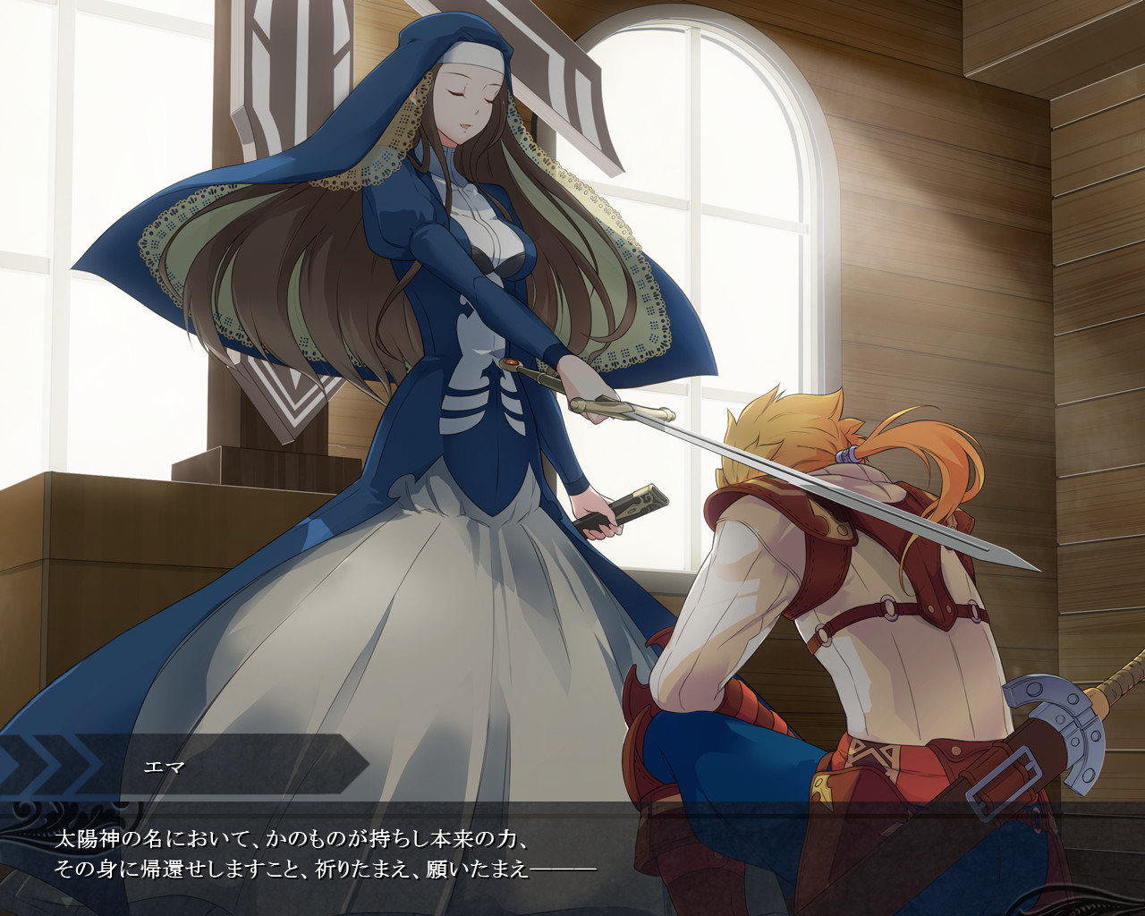 エマから神託の儀式を受けるレオン。シナリオはノベルゲーム風に進行し、要所で挿入されるイベント絵も見所となっている