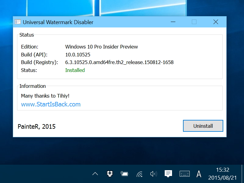 「Windows 10 Insider Preview」のウォーターマークを非表示にした様子。［Uninstall］ボタンで簡単に元の状態へ復元できる