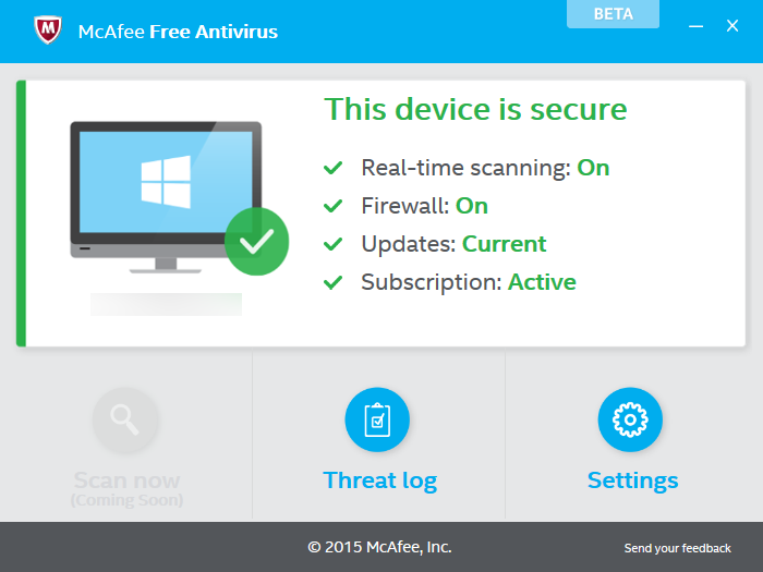 「McAfee Free Antivirus Beta」v0.5.107.1
