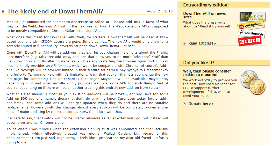 「DownThemAll!」の作者が公開した声明文