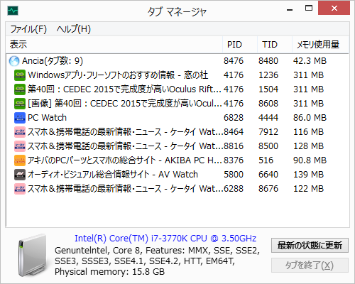 「TabManager」でタブごとのメモリ利用量などを表示可能