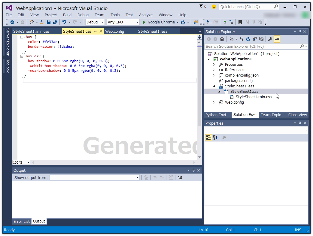 当該ファイルと同じフォルダーにコンパイルされたファイルが出力。“Minify”も可能