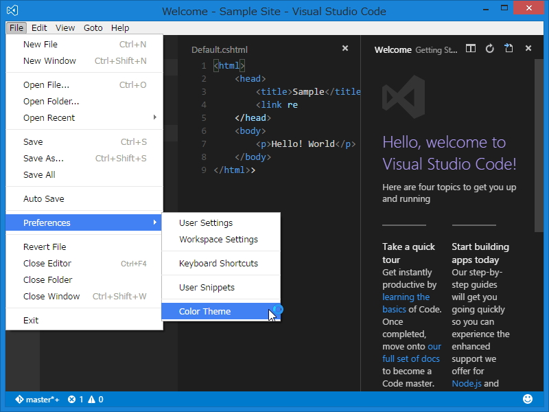「TextMate」形式の構文色分けテーマファイルをサポート。メニューやクイックコマンドでテーマを変更できる