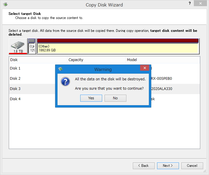 “Disk to Disk”モード。コピー元とコピー先を選択。コピー先のデータは破壊されてしまうので注意