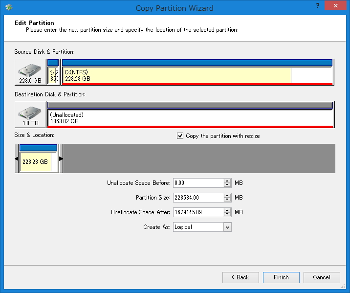 “Partition to Partition”モード。“Disk to Disk”モードと同じくコピー元とコピー先を選択