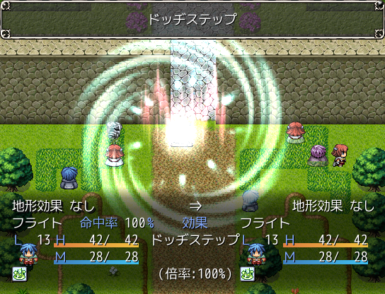 1ターンの間、使用者の回避率を大きく上昇させるドッヂステップ。装備品などと組み合わせることで、さらに強力な効果を発揮する