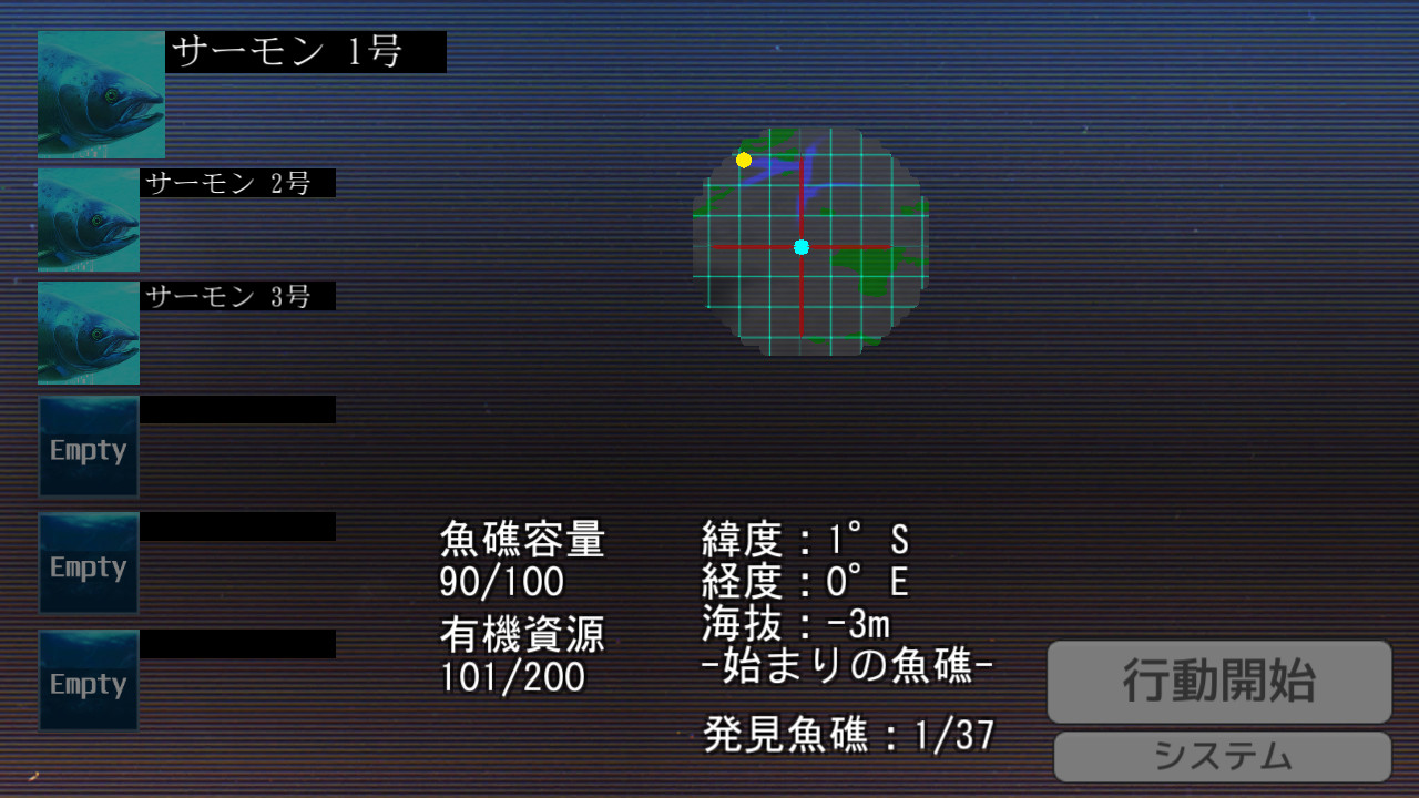 魚礁に入るとHPなどが全快し、自動セーブされる。行動の拠点となる場所