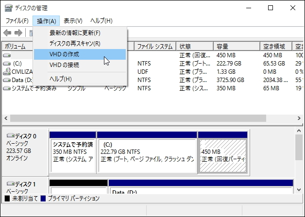機能は最小限。仮想ディスクの作成やドライブレターの割り当ては「ディスクの管理」に頼る必要がある