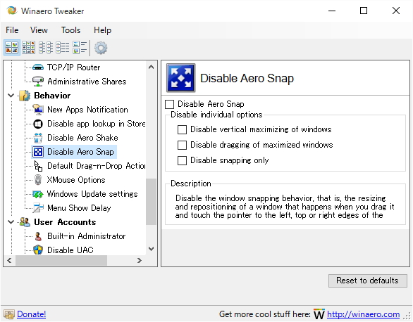 “Aero Snap”を無効化する機能が追加