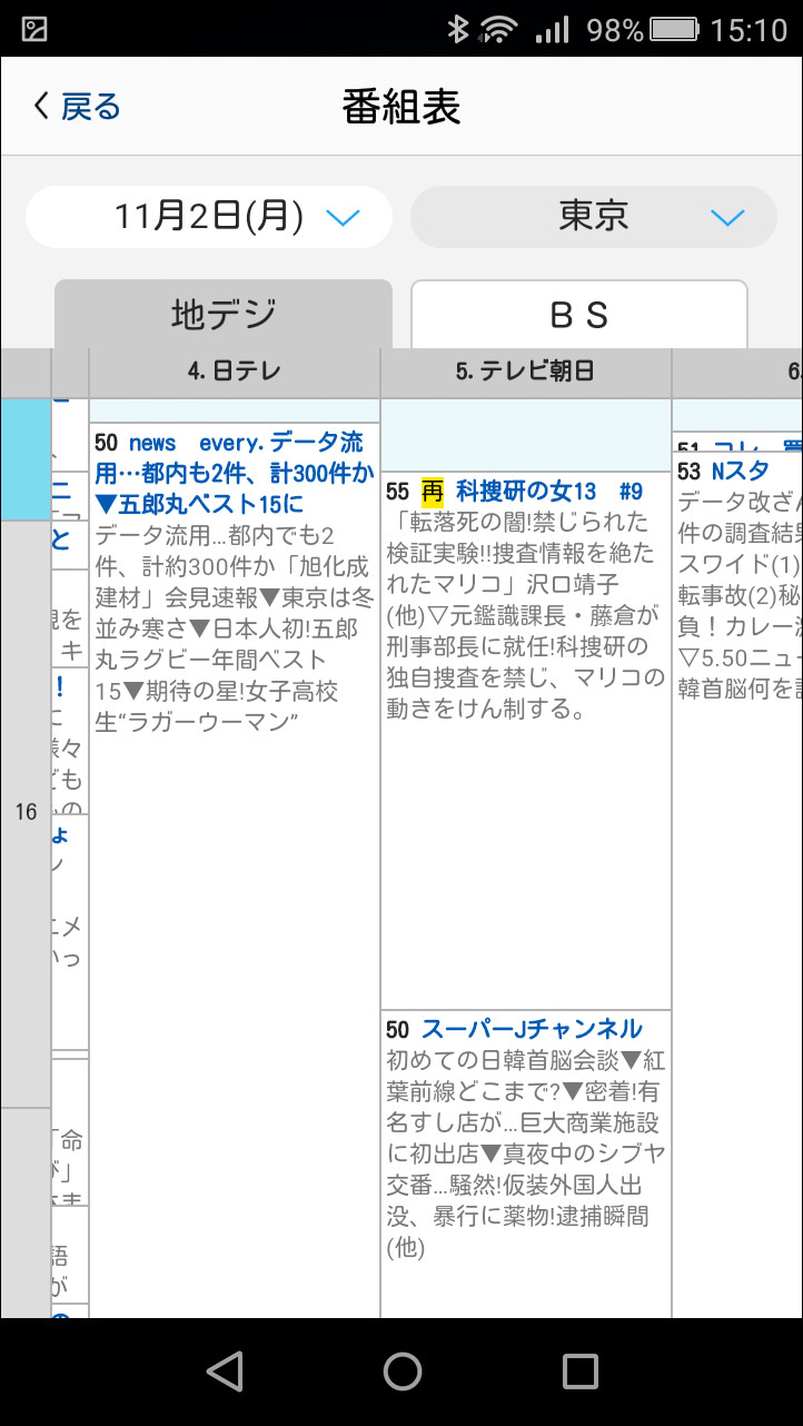 当日から前後1週間の地上波/BSのテレビ番組表を閲覧できる