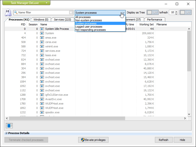 プルダウンメニューでプロセスの種類ごとに絞り込み