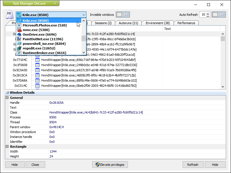プロセスに所属するウィンドウを列挙する［Windows］タブ