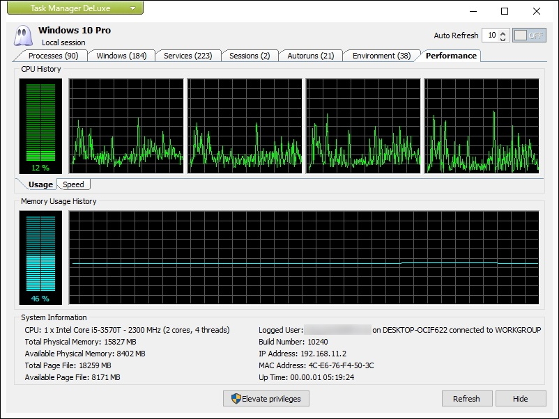 ［Performance］タブではCPU利用率とメモリ使用量の推移がリアルタイムでグラフ表