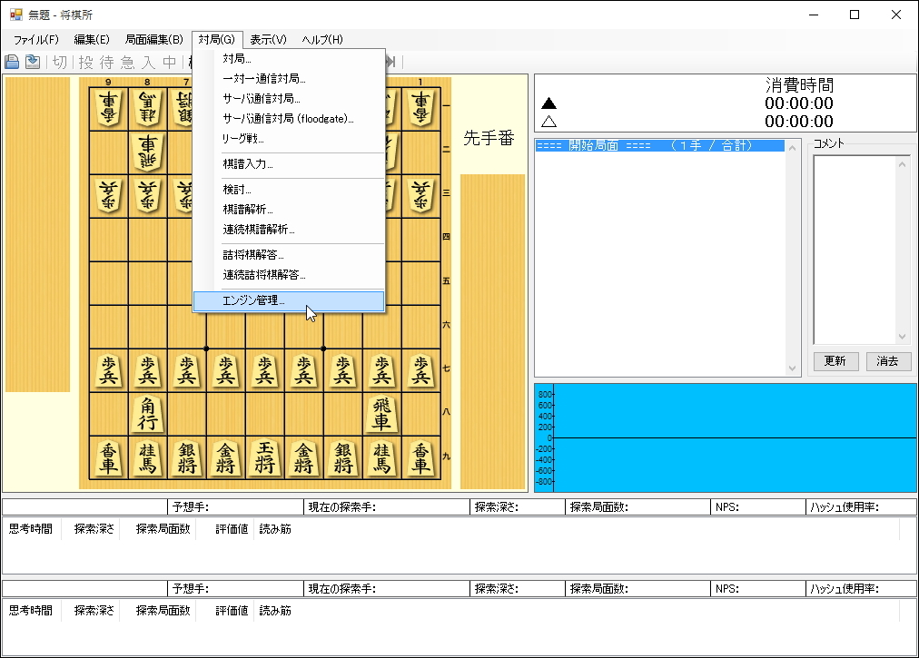 ［対局］－［エンジン管理］メニューを選択して［エンジン管理］ダイアログへアクセス