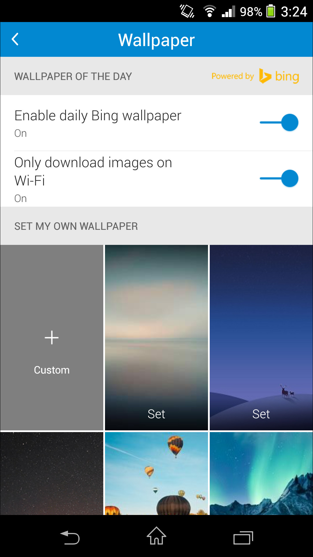 本アプリに収録されている画像のほか、“Bing”の日替わり画像を壁紙として設定できる