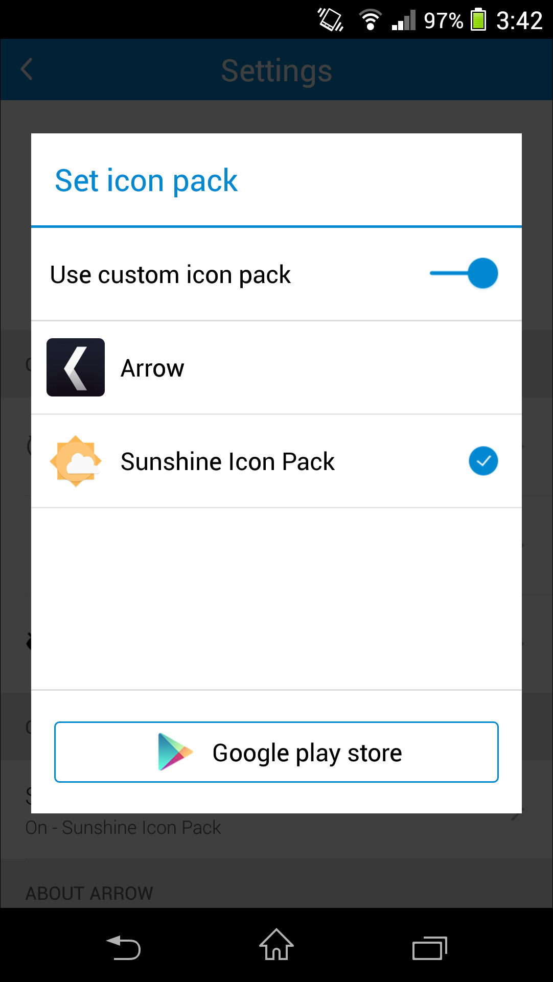 本アプリに収録されているアイコンパックのほか、Google Playからインストールしたアイコンパックを選択して適用可能