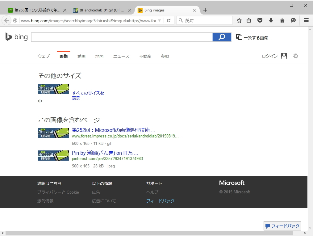 選択した画像でWeb検索を行う［Serach Image on］コマンド。“Google”“Bing”“Yandex”“TinEye”の4つを選ぶことができる