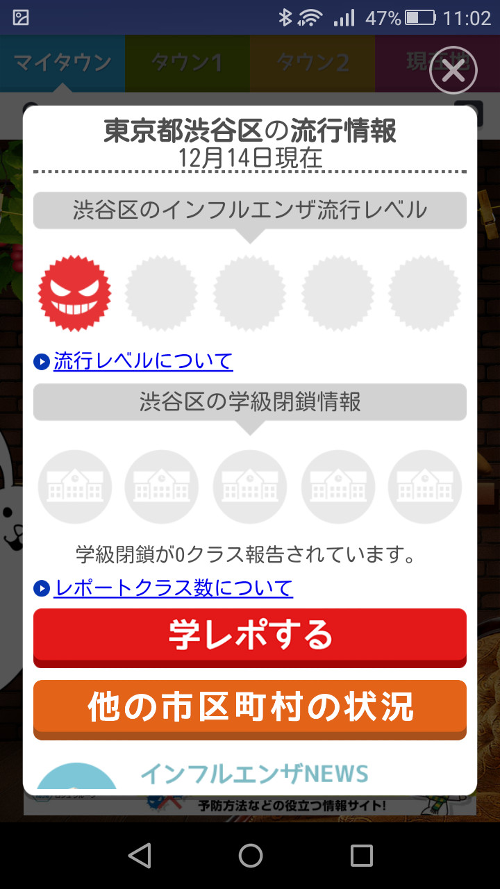 グラフをタップすると表示されるポップアップでは、インフルエンザの流行レベルや学級閉鎖の実施情報を確認可能