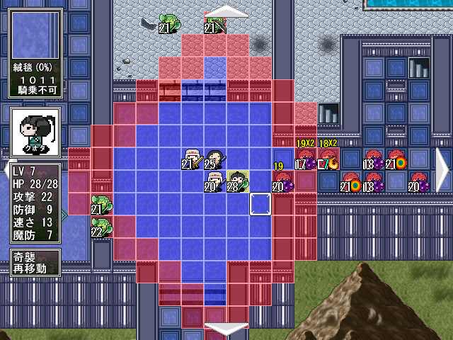 マップ上に表示されている“19×2”といった数字が、戦闘した場合の予想ダメージだ。この場合、攻撃が命中した場合に19ダメージを与える攻撃を2連続で繰り出せることがわかる