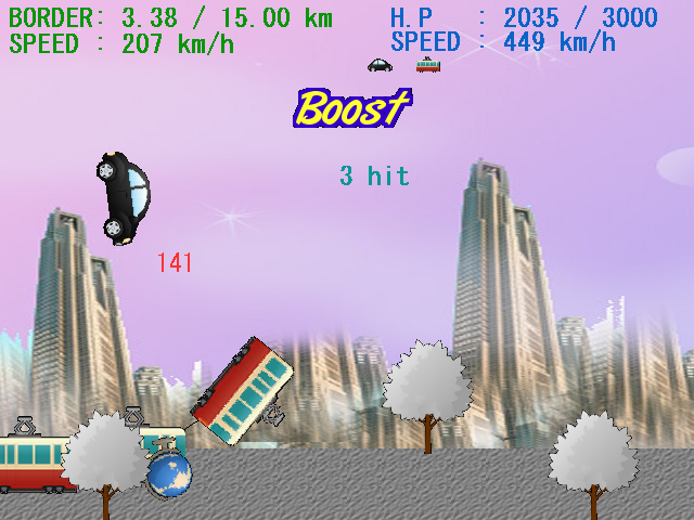 ボスに追いつき、加速しながら踏みつけて倒す。自分の車を思い切りぶつけて構わないというのが爽快だ