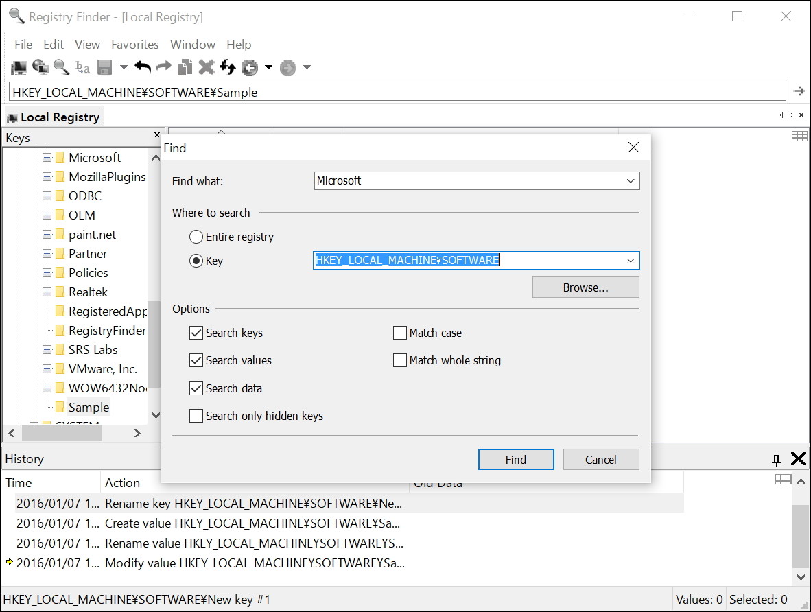「Registry Finder」v2.7の検索ダイアログ