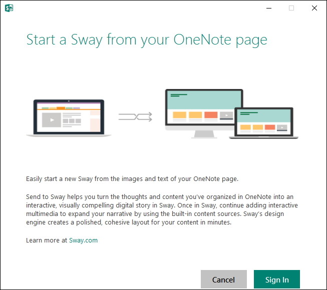 「OneNote」のコンテンツを「Sway」へ送信